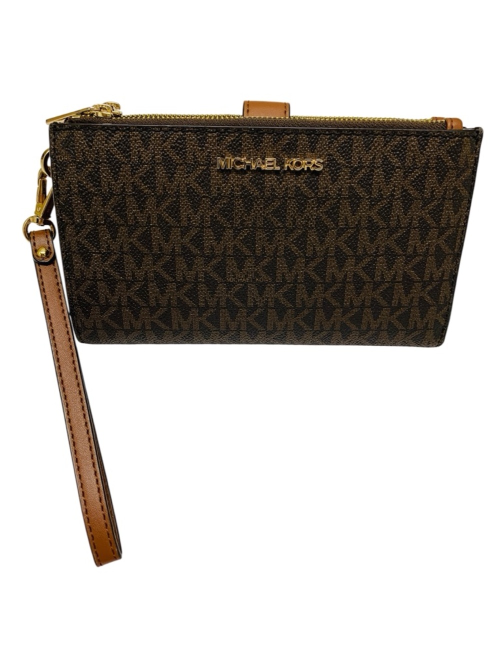 MICHAEL KORS Jet Set Double Zip Wristlet Wallet Brown Monogram Signature Print